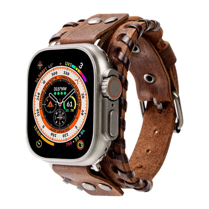 KONAFEI Compatible with Apple Watch Band 49mm 46mm 45mm 44mm 42mm 41mm 40mm 38mm iWatch Ultra Series 10/9/8/7/SE/6/5/4/3/2/1 for Men Women, Leather Handmade Cuff Bracelet Woven Vintage Strap, Brown
