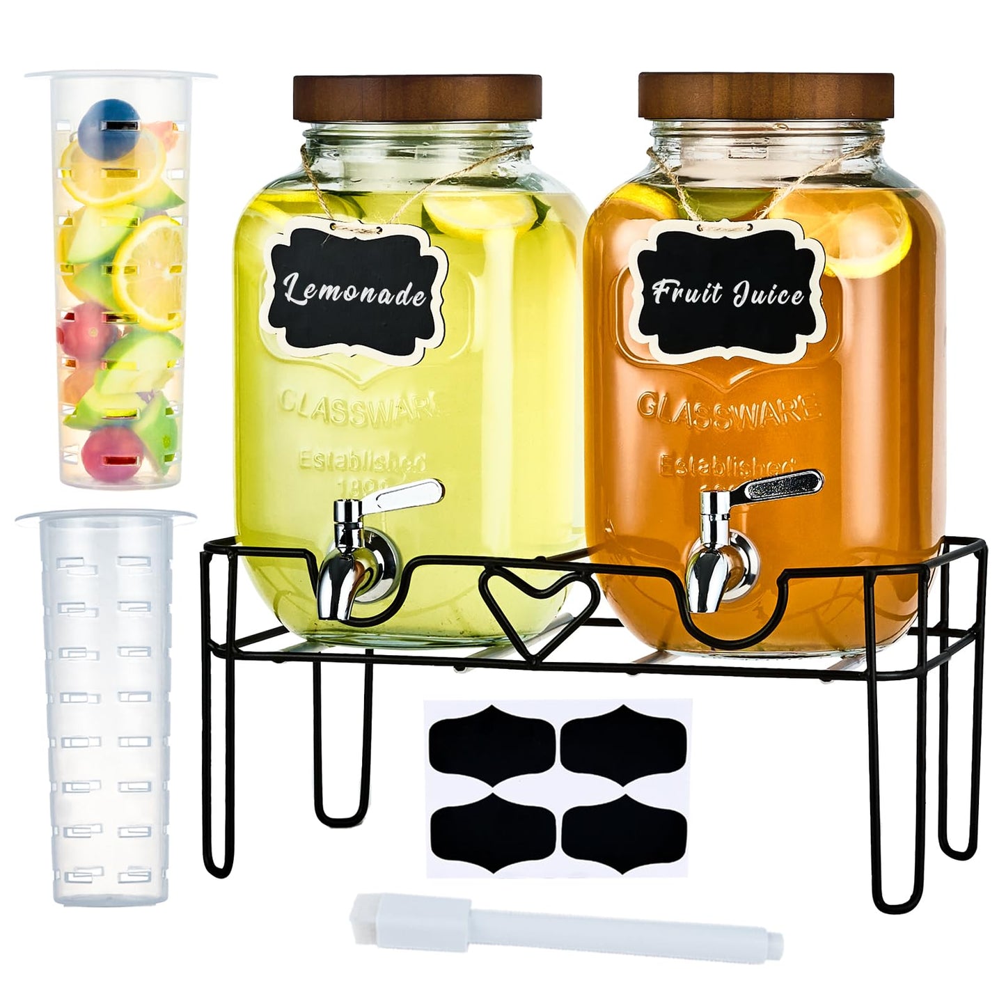 ShoreHao 2 Pack1Gallon Glass Drink Dispenser with Stand&Bamboo Lids&Fruit Infuser,304 Stainless Steel Leak-Proof Spigot,Beverage Dispenser for Parties,Water Sangria Juice Sun Tea Lemonade(Brown)