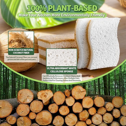 Sponges Kitchen Natural Dish Sponge Plant-Based Biodegradable Compostable Cellulose with Coconut Scrubber Sponge Non Scratch Eco Friendly Kitchen sponges for Kitchen Dishes（Pack of 16）