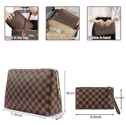 BAGCRAZY Checkered Makeup Bag Set, Elegant Travel Cosmetic Bag 2 Pack, Waterproof PU Leather Makeup Organizer with Zipper for Women