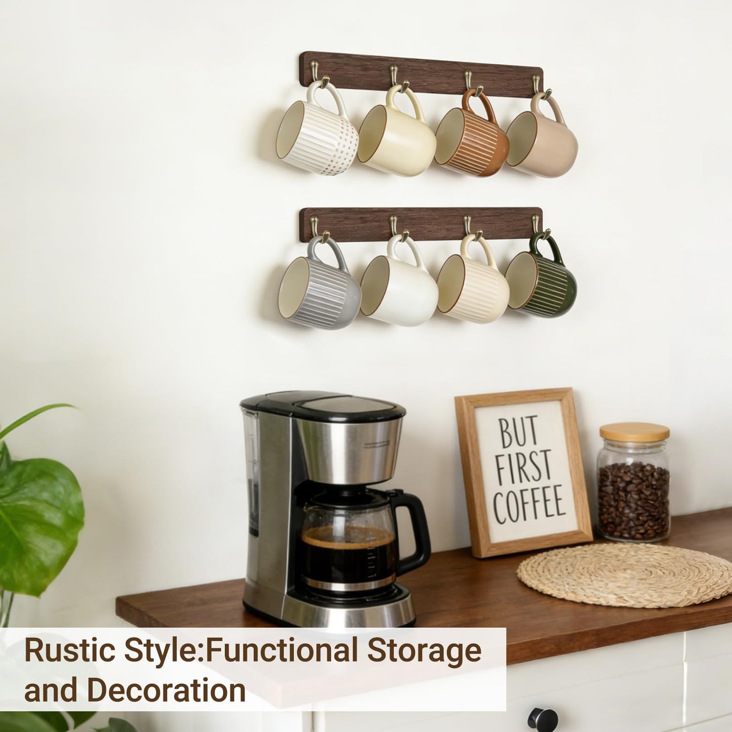 Mkono Coffee Mug Holder Wall Mounted Rustic Coffee Mug Rack with 8 Hooks Metal Display Shelf Wooden Tea Cup Organizer Hanger for Kitchen Dining Room Cabinet Coffee Bar,Set of 2 (Brown)