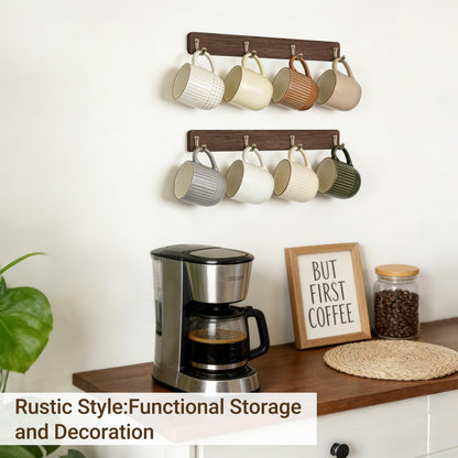 Mkono Coffee Mug Holder Wall Mounted Rustic Coffee Mug Rack with 8 Hooks Metal Display Shelf Wooden Tea Cup Organizer Hanger for Kitchen Dining Room Cabinet Coffee Bar,Set of 2 (Brown)
