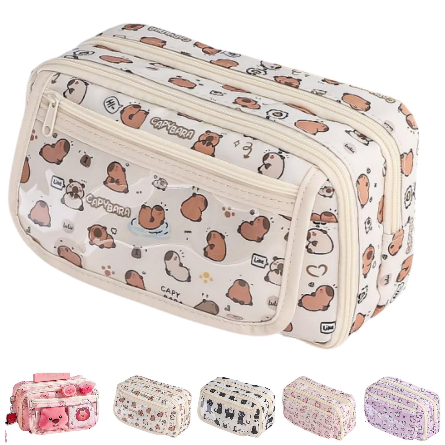 VTYFRY Cute Kawaii Pencil Case Pouch Cartoon Pen Box Holder Organizer for Office Workspace Supplies Desk Accessories Travel Essentials Aesthetic Trendy Cool Stuff Gift Large Capacity (White Kapibala)