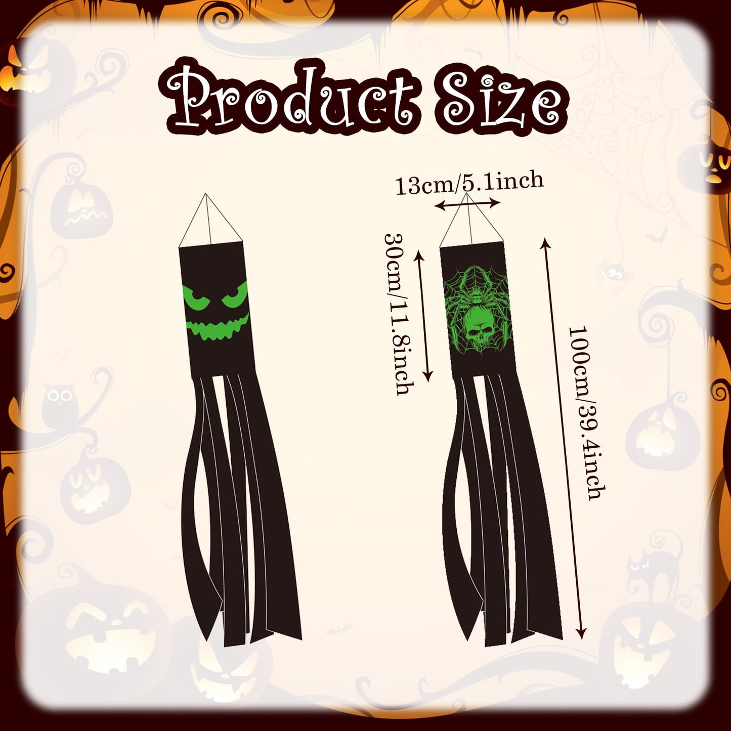 Luminous Halloween Windsock Flag,2 Pcs Black Happy Halloween Skull Spider Evil Face Outdoor Hanging Decoration Fluorescent Holiday Windsocks for Garden Patio Lawn Front Yard Tree Party Decor