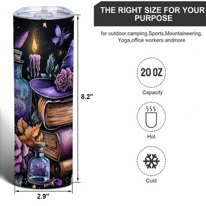 Halloween Witchy Magic 20oz Skinny Tumbler, Gothic Floral Stainless Steel Insulated Travel Mug with Lid, Purple Witch Hat Skull and Book Design, Spooky Gift for Mom Wife Sister Friends