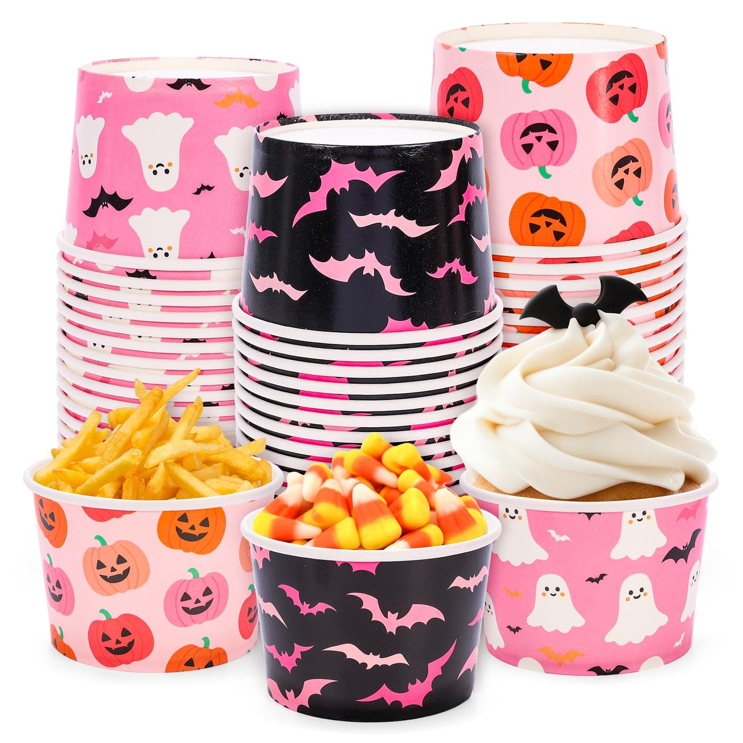 Whaline 60 Pcs Halloween Snack Cups Pink Black Pumpkin Ghost Bats Disposable Bowls 9oz Ice Cream Dessert Treat Paper Bowls for Hot Iced Food Birthday Trick or Treat Party Supplies
