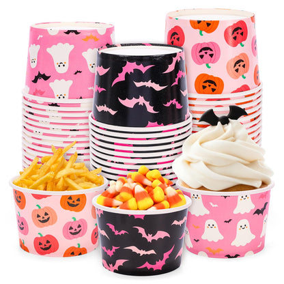 Whaline 60 Pcs Halloween Snack Cups Pink Black Pumpkin Ghost Bats Disposable Bowls 9oz Ice Cream Dessert Treat Paper Bowls for Hot Iced Food Birthday Trick or Treat Party Supplies