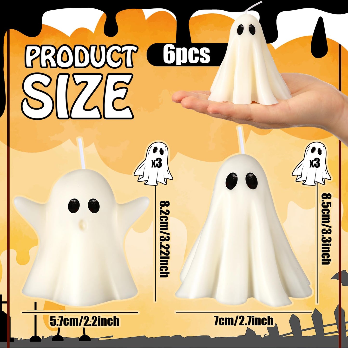 Conelist 6 Pieces Halloween Large Ghost Candles White Spooky Scented Halloween Candles Horror Gifts Candle Tea Lights Goth Room Decor for Summer Dining Table Party Bedroom(Cute Style,White)