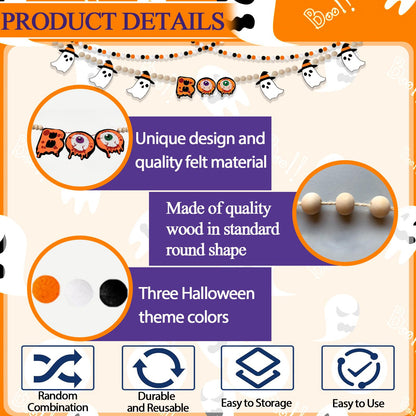 Felt Halloween Garland, 7.5Ft Boo Ghost Garland with Wooden Beads for Halloween Decorations, 2Pcs Cute Indoor Banner for Mantle Fireplace Indoor Home Party Decor