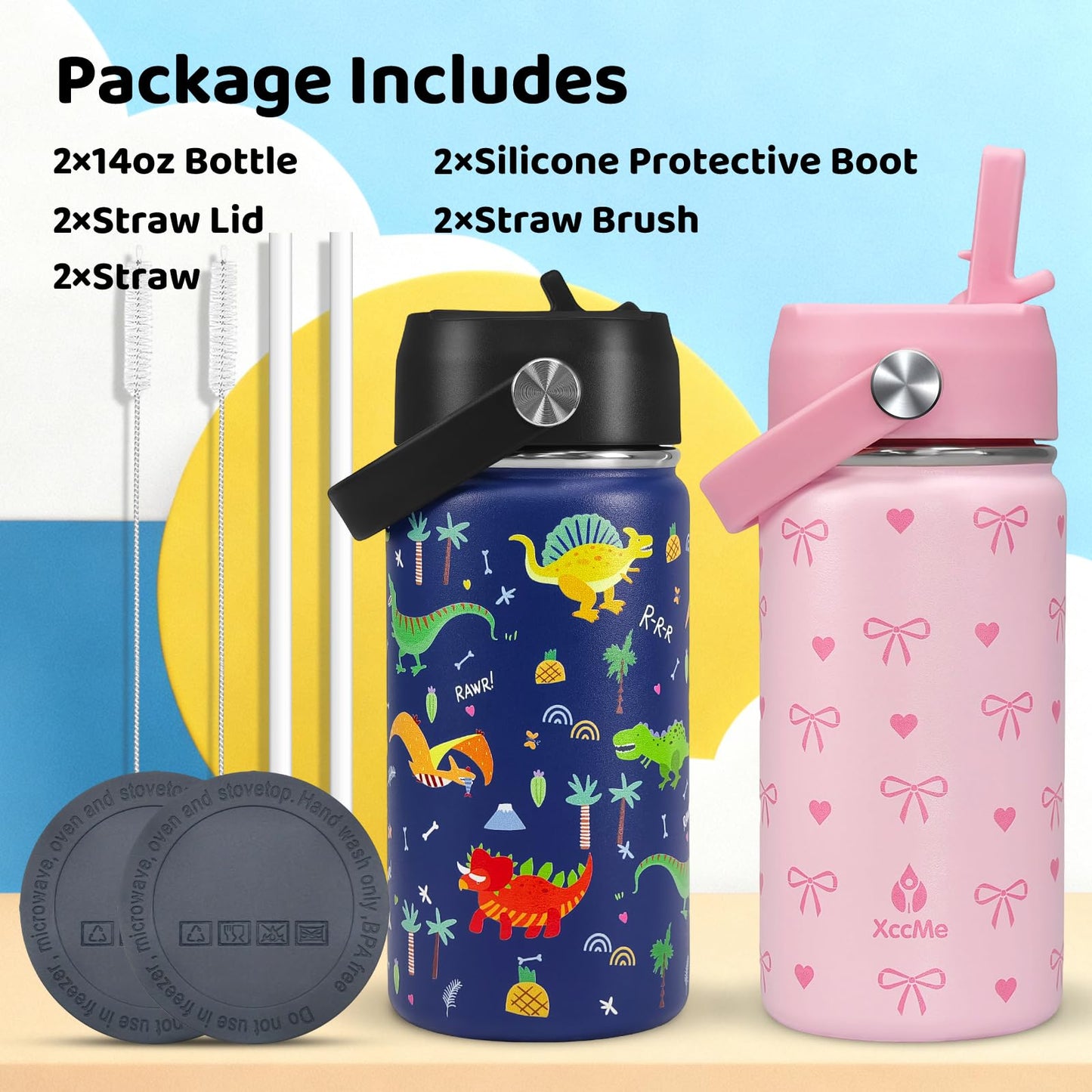 XccMe 2Pack Kids Water Bottle With Straw Lid,14 oz Stainless Steel Travel Bottle,Double Wall Leak Proof Kids Cup,Insulated Tumbler for Toddlers,Metal Bottle for School Boys Girls(Bow+Dinosaur)