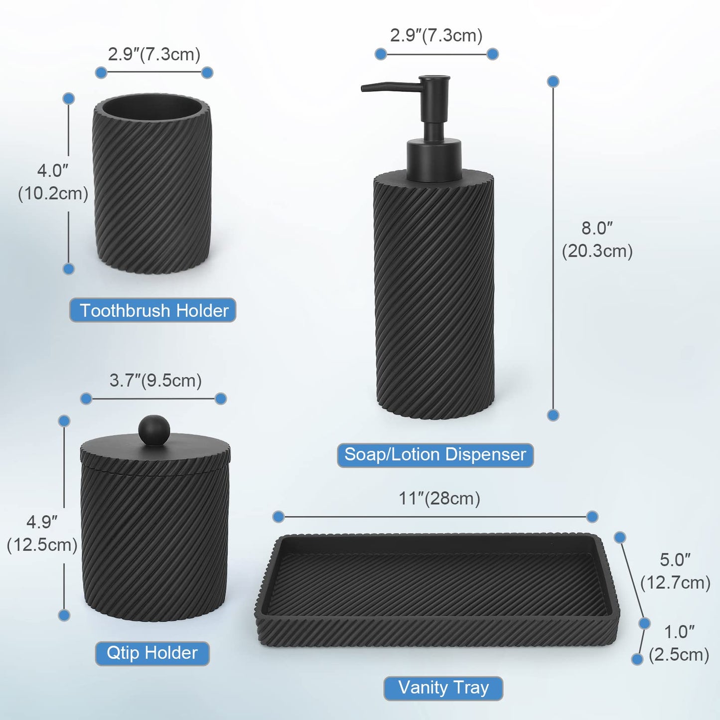 Black Bathroom Accessories Set 4 Pcs - Toothbrush Holder,Lotion Soap Dispenser,Qtip Holder Dispenser,Vanity Tray for Countertop Vanity Organizer,Bathroom Accessory Set