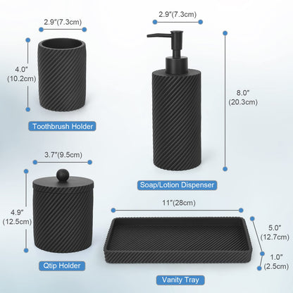 Black Bathroom Accessories Set 4 Pcs - Toothbrush Holder,Lotion Soap Dispenser,Qtip Holder Dispenser,Vanity Tray for Countertop Vanity Organizer,Bathroom Accessory Set