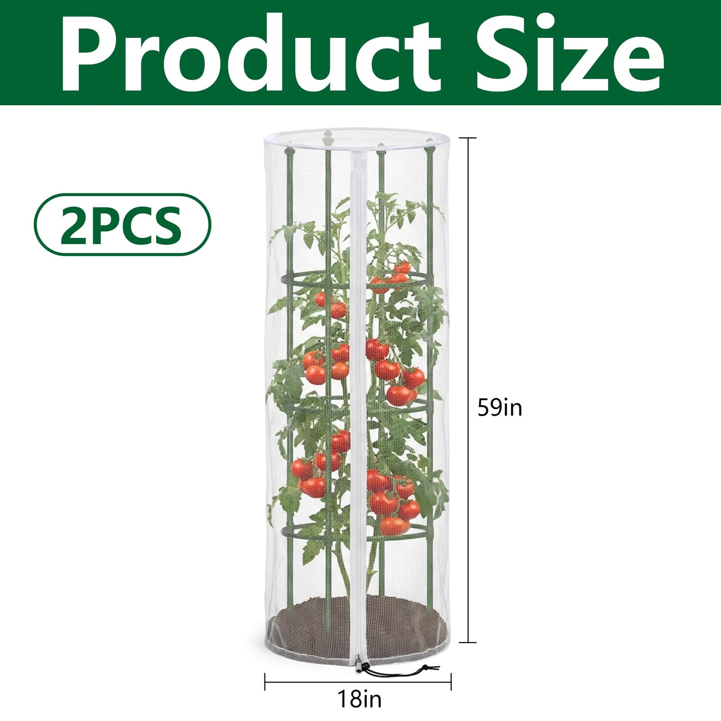 2 Pcs Garden Bird Netting Cover for Round Tomato Cage, 59" x 18" Tomato Trellis Insect Barrier Protection Mesh, Plant Cage Garden Net Cover with Zipper for Vertical Climbing Plants Vegetables Fruits