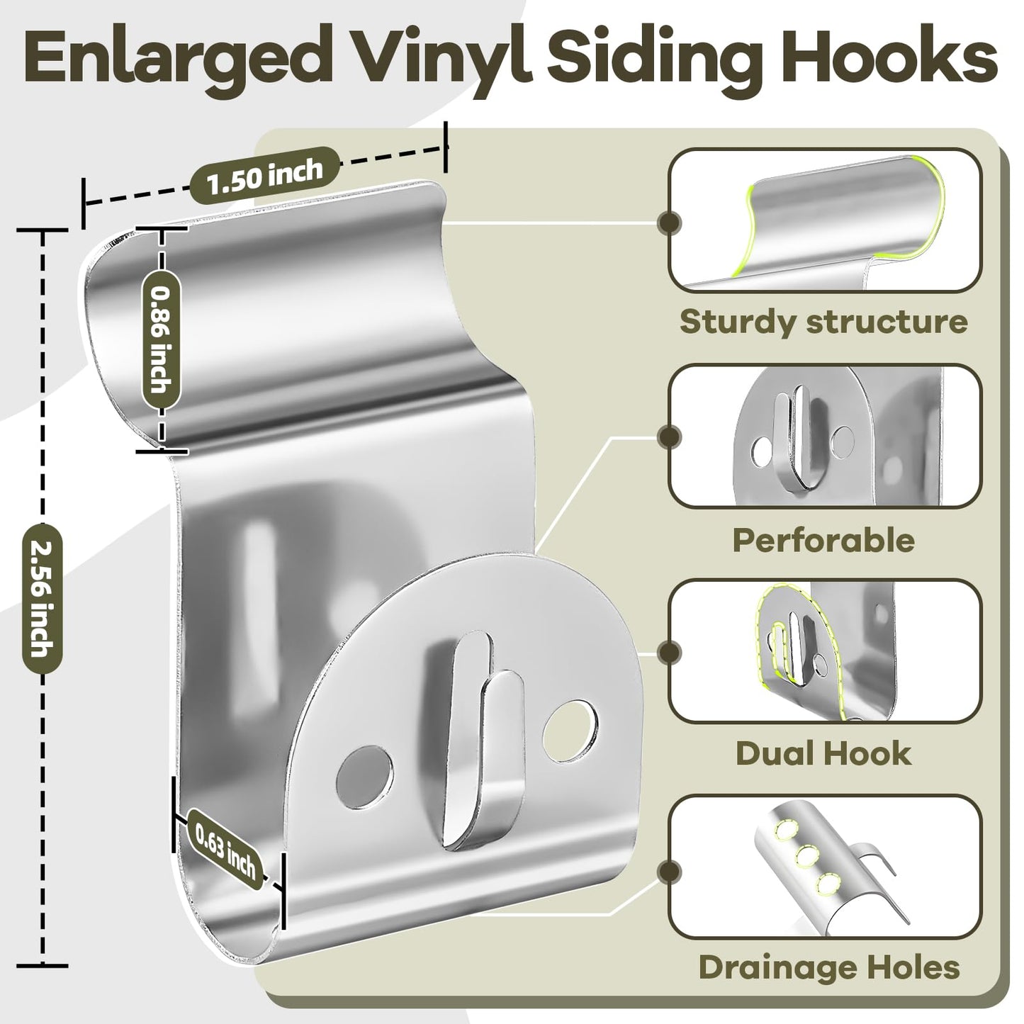 Vinyl Siding Hooks, 10-Pack Stainless Steel No Hole Vinyl Siding Clips, Holds up to 20lbs, Heavy Duty Siding Hooks for Hanging Outdoor, Double Clips for Wreaths, String Lights, Signs, Easter Decor