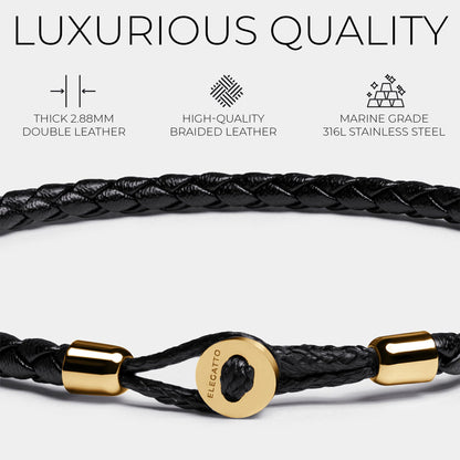 Elegatto Uno Premium Braided Leather Bracelet for Men | Full-Grain Leather with 18k Gold-Plated Stainless Steel Closure | Men’s Designer Bracelets | Gold Extra Large