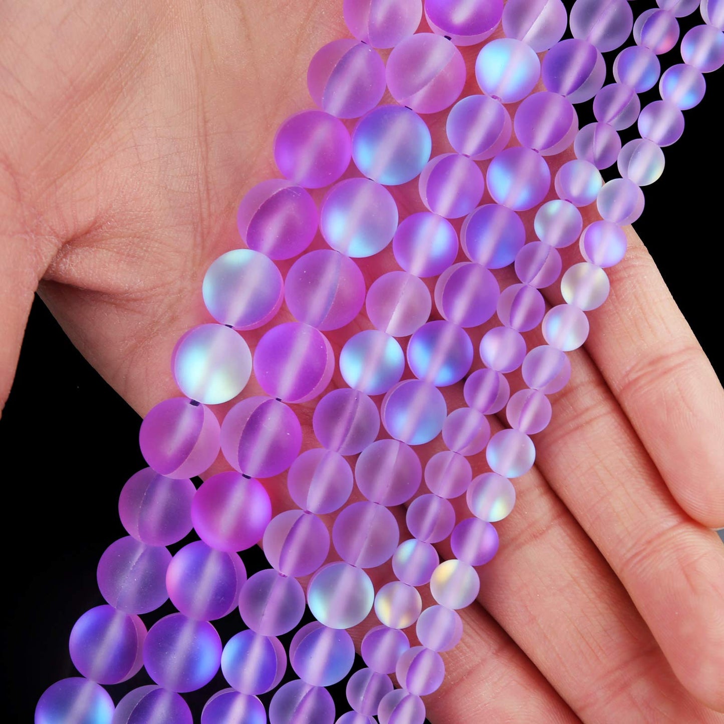 Matte Purple Aurora Crystal Glass Beads, 8MM Frosted Glitter Shining Mermaid Round Loose Beads, Rainbow Holographic Synthetic Moonstone for Jewelry Making DIY Bracelet