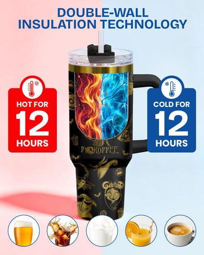 34HD Nightmare Before Coffee Tumbler 40oz with Handle and Straw, Laser Engraved Skeleton Insulated Travel Coffee Cup - Cartoon Character Gifts on Birthday for Cafe Lovers, Men & Women
