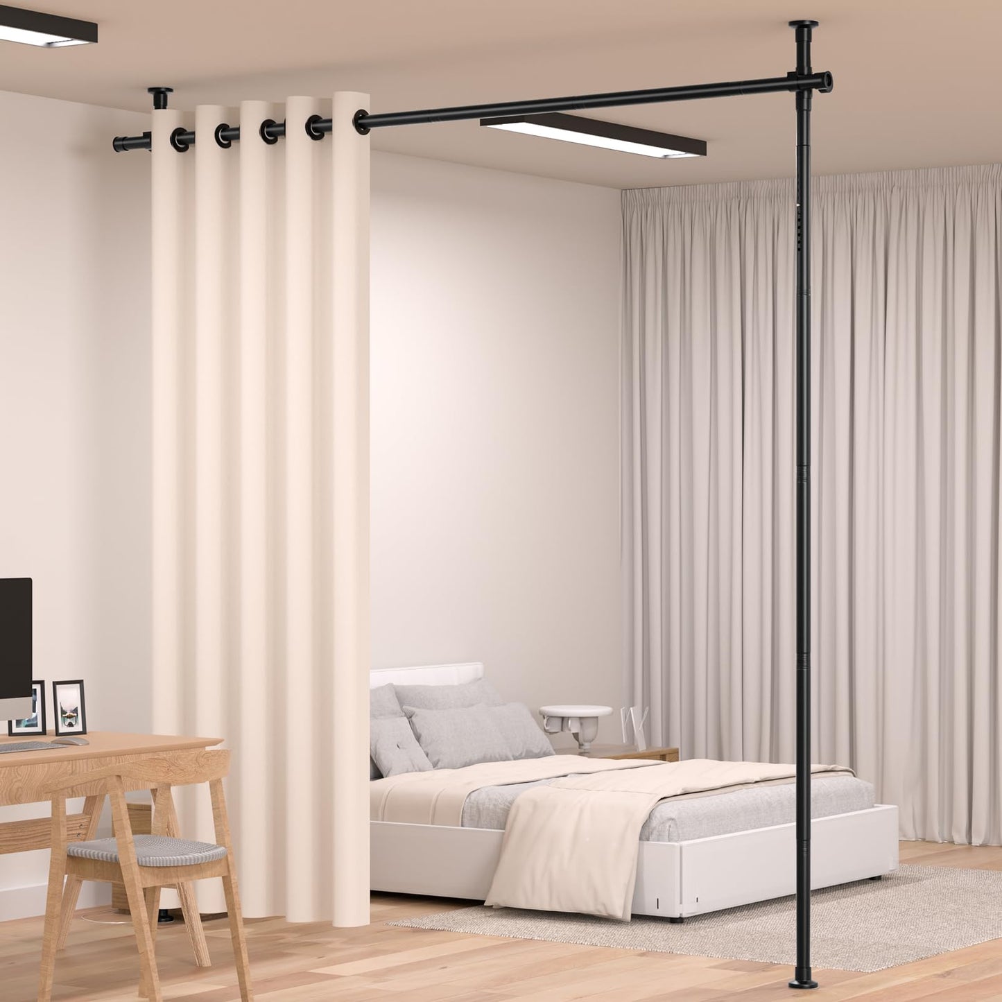 Room Divider Curtain Rod, No Drilling Room Separator for Space Partition Adjustable 4-10ft(H) 28-70inch(W) Heavy Duty Temporary Wall Divider Floor to Ceiling Tension Rod, Black