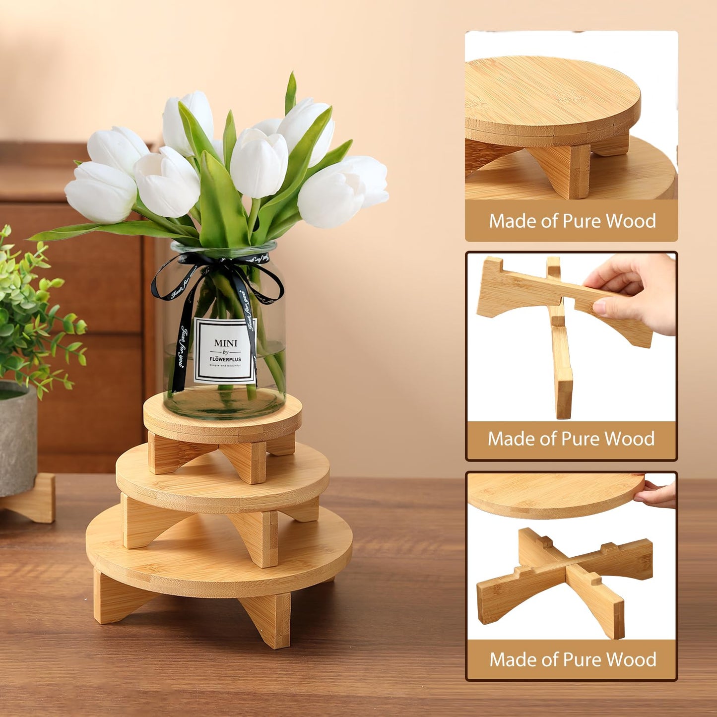 3-Piece Round Wooden Plant Stand Set - Indoor/Outdoor Modern Flower Pot Holder, Decorative Wood Riser for Plants, Small Planter Tray, Mini Wooden Stool Display Stand (Pot & Plant Not Included)