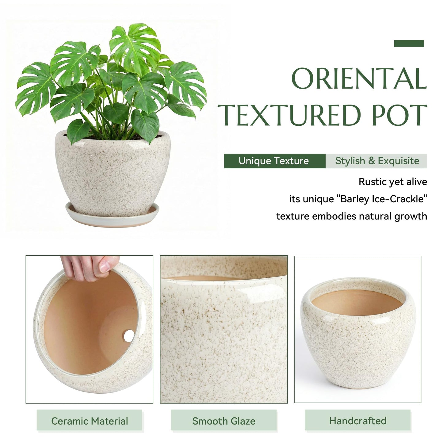 TOSELBAI 10.2 Inch Ceramic Planter with Saucer Leak-Proof Mesh &Drainage, Round Plant Pot with Gardening Gloves for Indoor Outdoor Plants