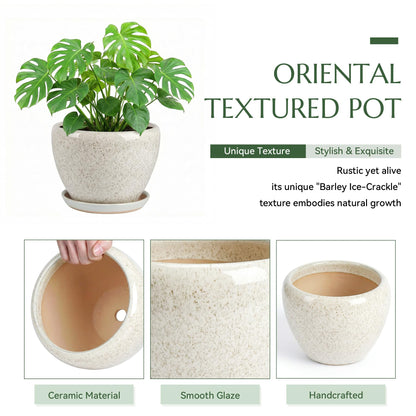 TOSELBAI 8.3 Inch Ceramic Planter with Saucer Leak-Proof Mesh &Drainage, Round Plant Pot with Gardening Gloves for Indoor Outdoor Plants