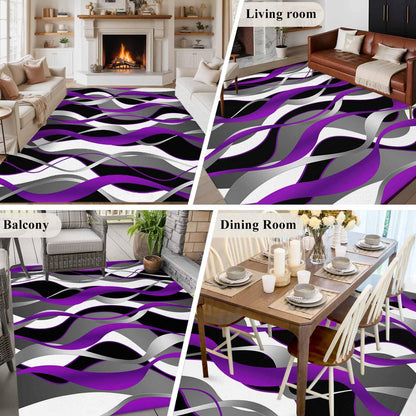 8'x10' Area Rug for Living Room, Purple Black Grey Moire Washable Non-Slip Large Carpet for Bedroom Dining Room, Abstract Modern Geometric Lines StainResistant & Non-Shedding Accent Rug for Kitchen
