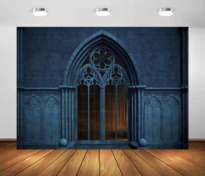 BELECO 8x6ft Fabric Dark Medieval Castle Backdrop Abandoned Night Castle Crypt Gothic Arch Window Grey Arch Wall Background Medieval Themed Party Decoration Ghost Vampire Halloween Shoot Photo Prop