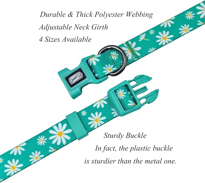 Dog Collar Leash Set, Floral Pattern, Polyester Material, Adjustable Collar and 5ft Matching Leash, for Large Dogs.(L, Green Daisy)