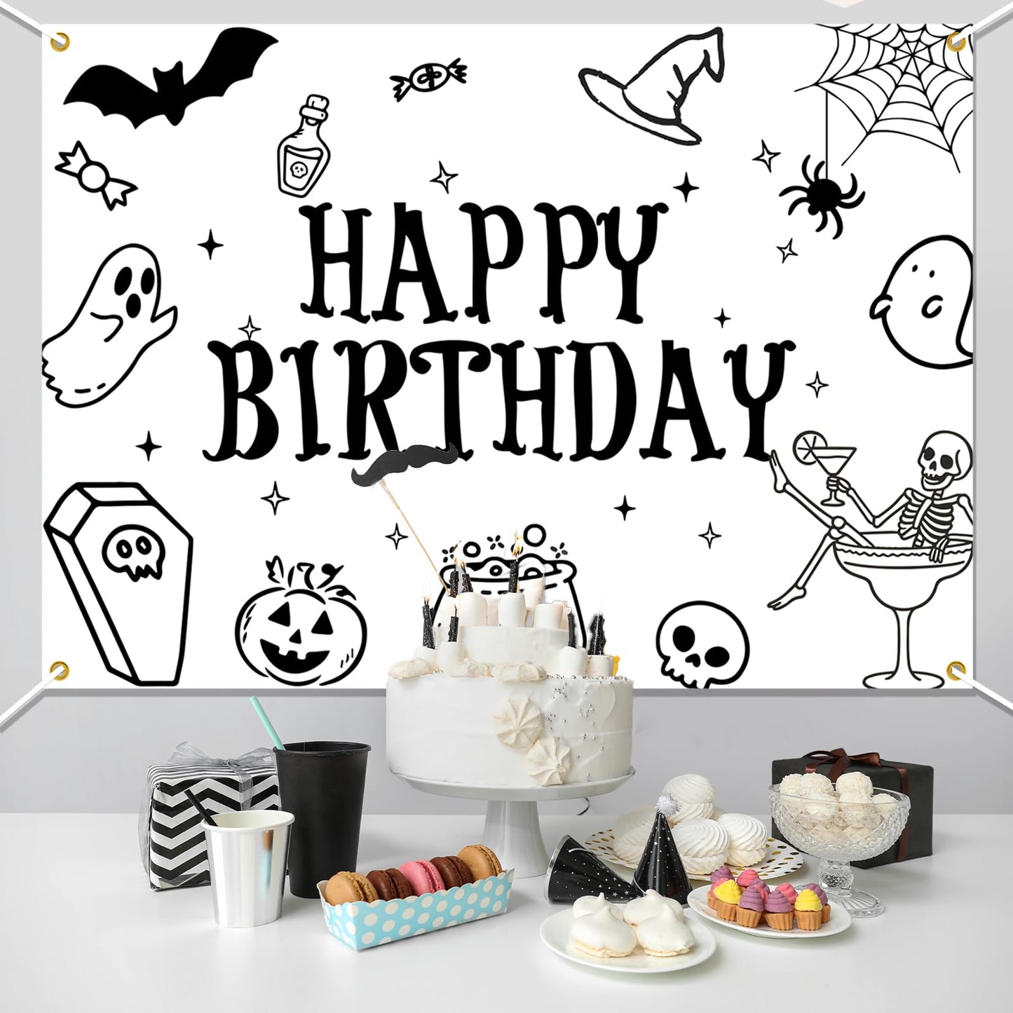 Halloween Happy Birthday Backdrop, Ghost Bat Pumpkin Skull Witch Birthday Party Decorations Halloween Themed Birthday Party Photo Background, 7 * 5Ft
