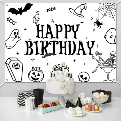 Halloween Happy Birthday Backdrop, Ghost Bat Pumpkin Skull Witch Birthday Party Decorations Halloween Themed Birthday Party Photo Background, 7 * 5Ft