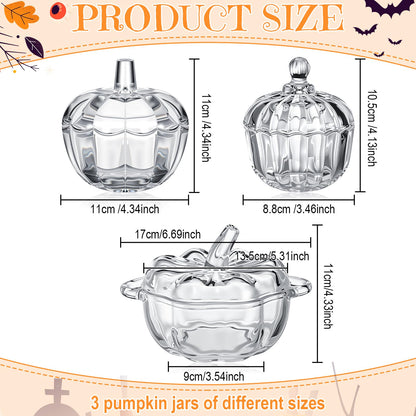 Mimorou 3 Pcs Glass Pumpkin Candy Jar Thanksgiving Clear Candy Bowl Storage with Lids 3 Sizes Fall Cute Snack Crystal Jars for Home Decoration Thanksgiving Centerpieces Wedding Party