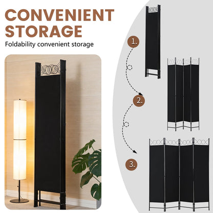 FDW 4 Panel Room Divider, 6FT Folding Privacy Screen Freestanding Partition Wall, Portable Room Separator for Dorm Bedroom Office Studio, Durable Metal Frame & Breathable Fabric, Dark Black