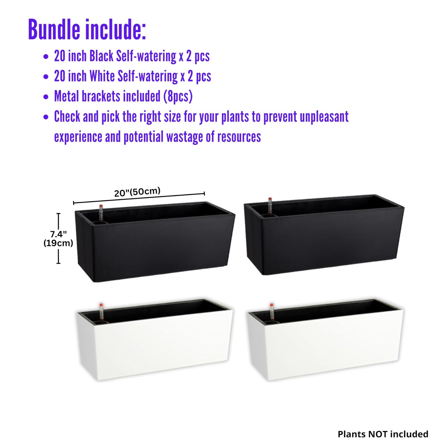 LaLaGreen Bundle - 4 Pack, 20 Inch Black and White Self Watering Hanging Planter Boxes Flower Pot, Rectangular Wall Mount, Indoor Vertical Garden Modern Window Sill Herb Trendy Outdoor Home Decor