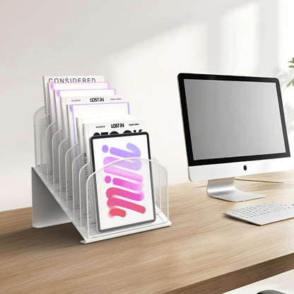 Inclined Desk File Organizer Metal Desk Magazine Folder Holder with 8-Section Vertical Compartments Rack File Organizer for Office, Home, School, White