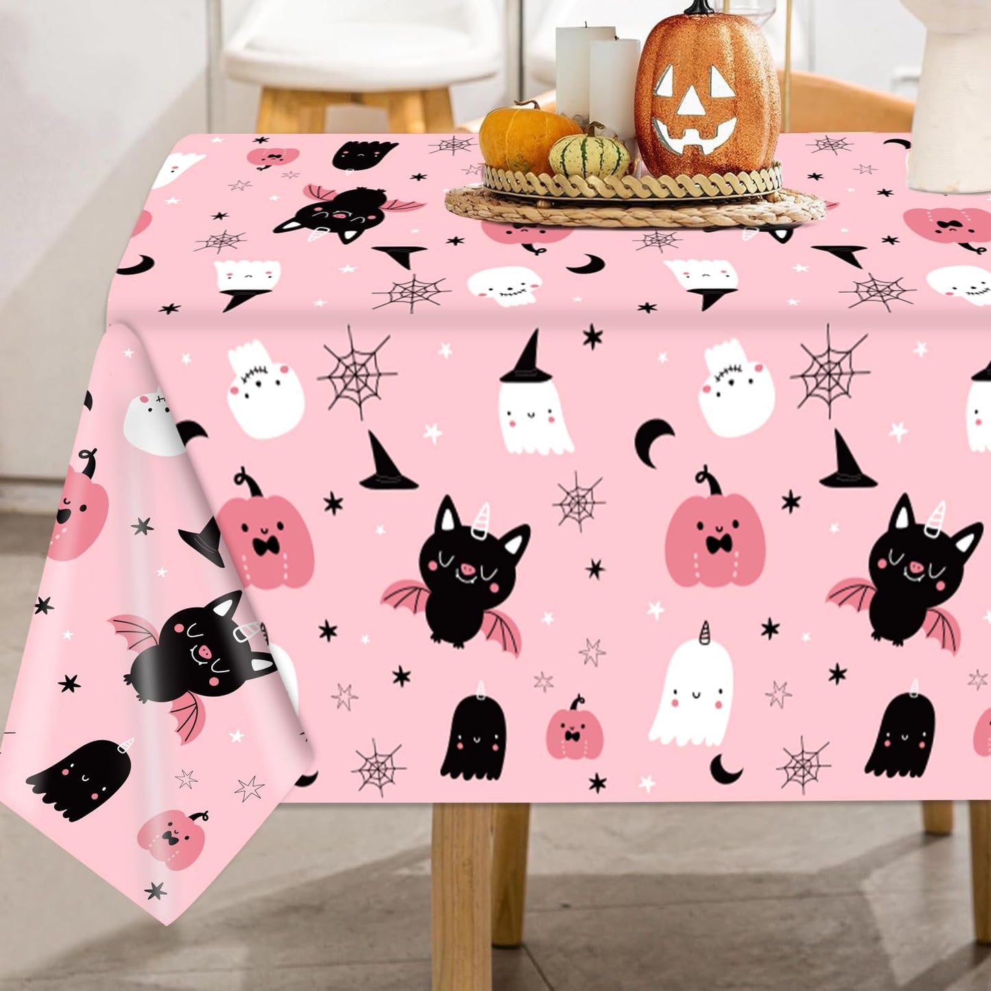 JarThenaAMCS 3Pcs Halloween Plastic Tablecloth Rectangle Pink Pumpkin Ghost Bat Table Cover Cute Disposable Table Cloth for Dinner Party Decor, 54 x 108 Inch