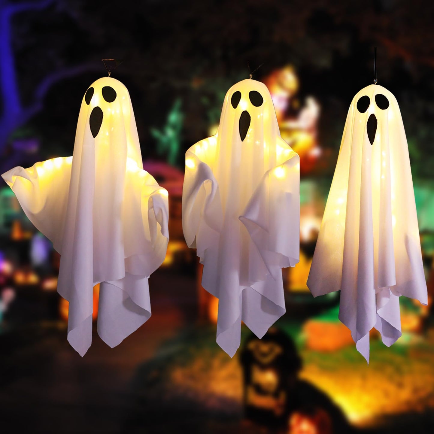 TUSAUW 3Packs Halloween Light Up Hanging Ghost Halloween Ghost Decorations with LED Light Spooky Ghost Ornaments for Home Tree Garden Yard Party Décor and Holiday Decorations(White)