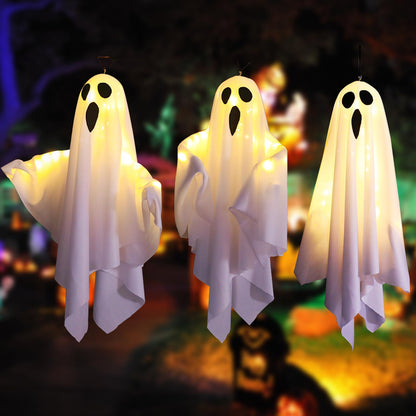 TUSAUW 3Packs Halloween Light Up Hanging Ghost Halloween Ghost Decorations with LED Light Spooky Ghost Ornaments for Home Tree Garden Yard Party Décor and Holiday Decorations(White)