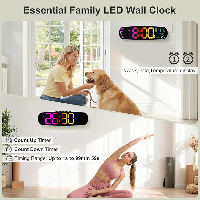 ANALOI Large Digital Wall Clock,14.4 inch Large Display Digital Clock with Auto Dimming, Temperature and Date, Remote Control, Night Light,DST, Alarm for Classroom/Gym/Bedroom