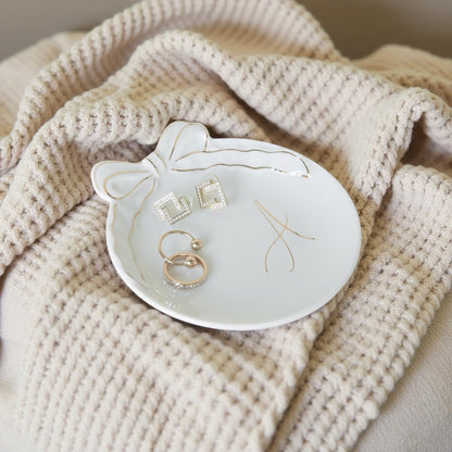 COLLECTIVE HOME Custom Initial Ceramic Jewelry Tray with Bow - Ring Holder & Earring Dish | Christmas Gift Idea for Women, Unique Birthday Present for Her (A)