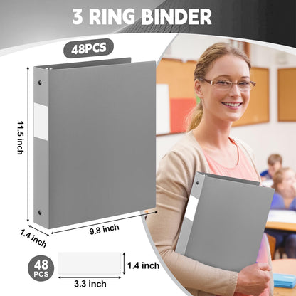 Henoyso 48 Pack 1 Inch 3 Ring Plastic Binders, Bulk Flexible PP Binders for Classroom & School Supplies, Letter Size 8.5 x 11, Holds 240 Sheets with Interior Pocket (Grey)