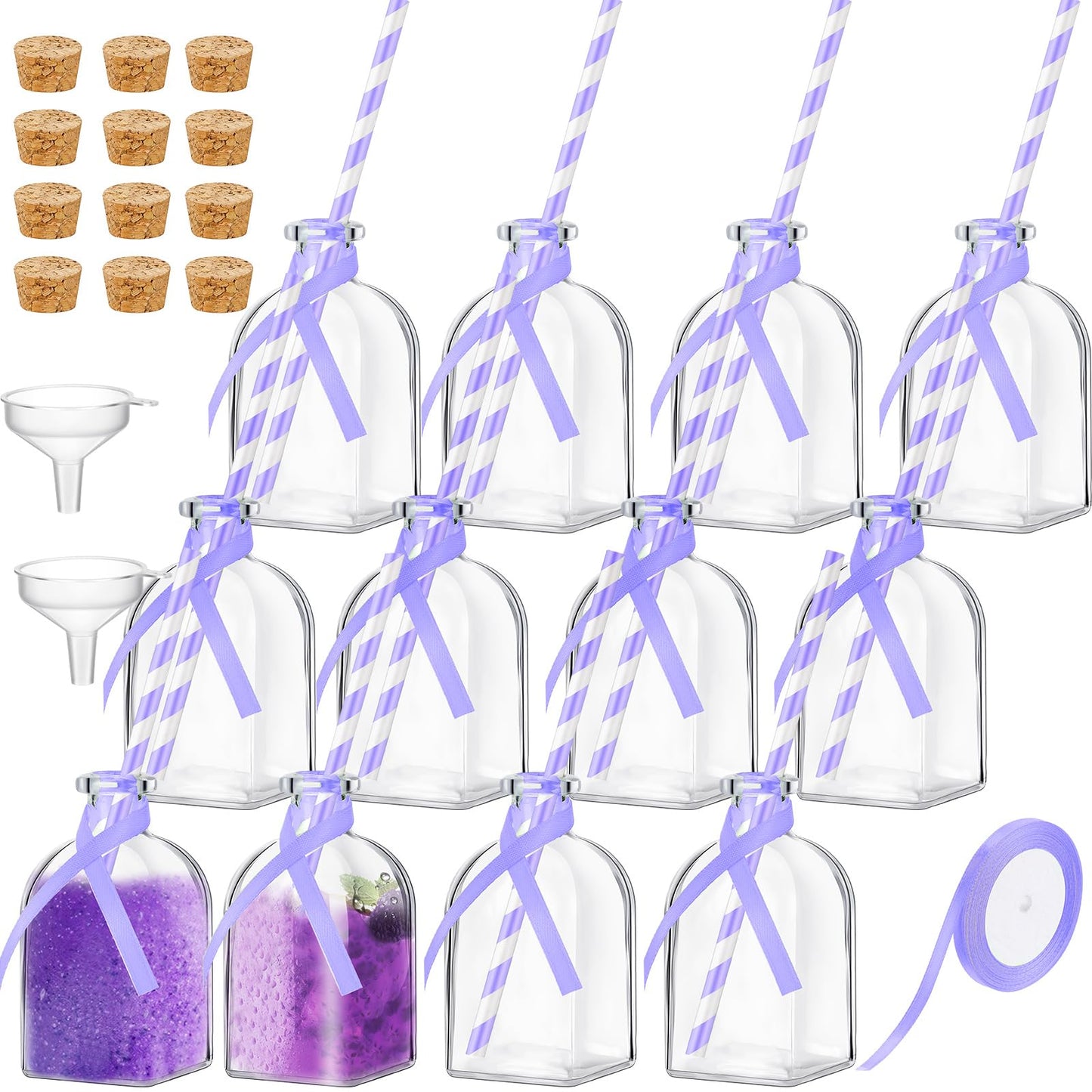 Baderke 12 Pcs Glass Bottles with Cork and Straw 4 oz Mini Empty Glass Bottle for Drinks Reusable Liquor Bottles with Silk Ribbon and Funnels for Cocktail, Wedding Party(Purple)