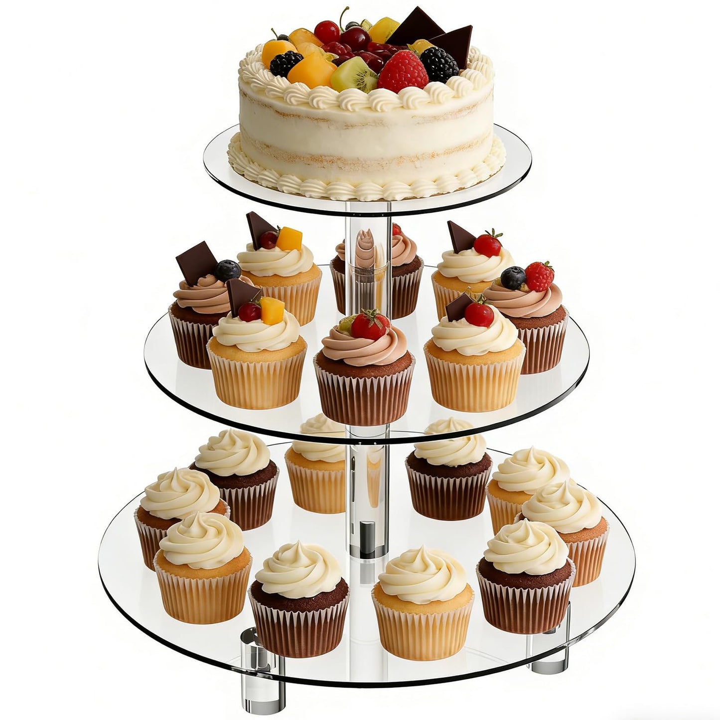 YadklDrnE 3 Tier Acrylic Cupcake Stand (6", 8", 10") with 4" Spacing - Clear Dessert Tower with Solid Rods - Stable Cake Display for Smash Cakes, Weddings & Party Decor (Clear)