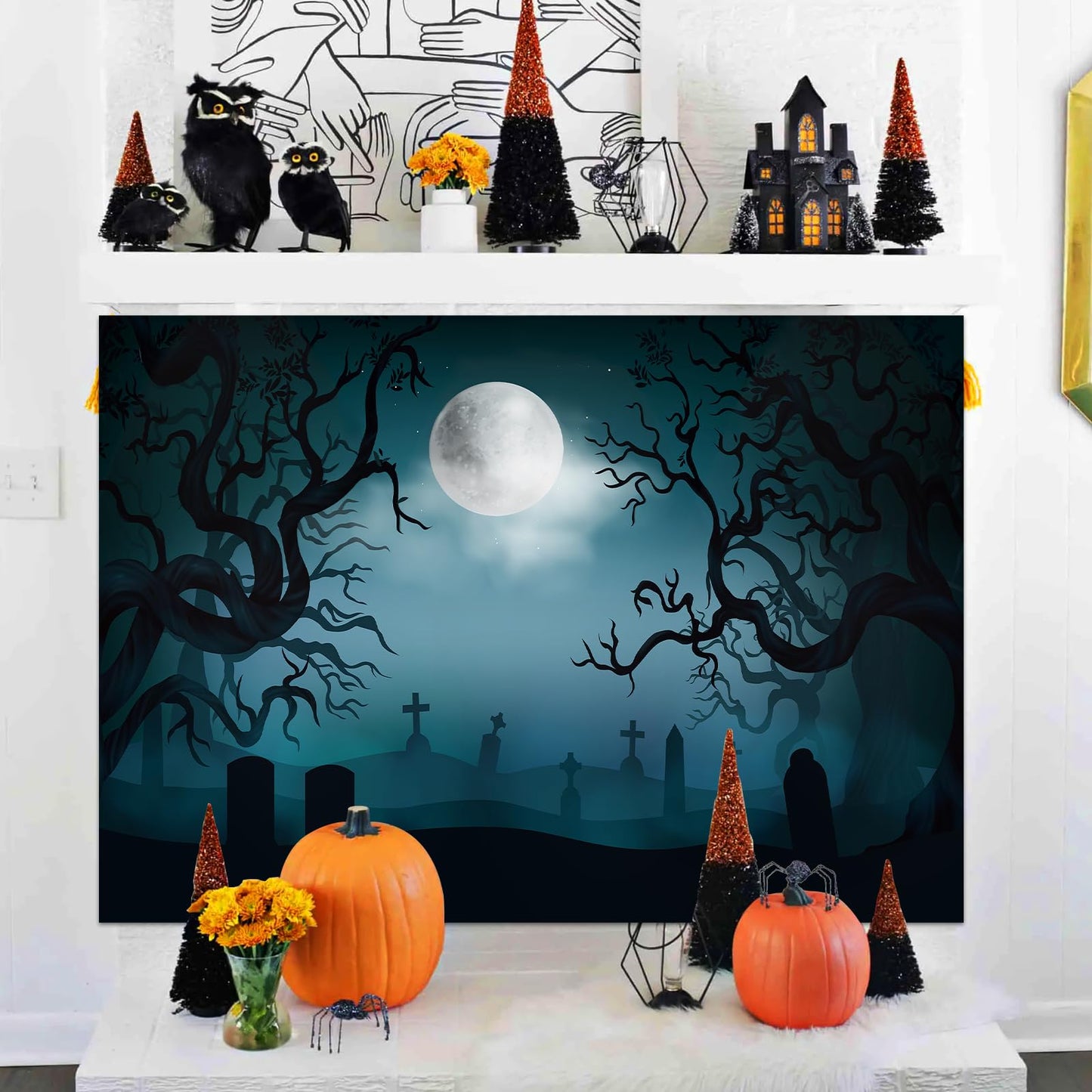7 x 5 FT Halloween Backdrop - Large Dark Night with Moon, Tombstones Forest Design Wall Hanging Background Spooky Photography Photo Booth Props for Indoor Outdoor Garden Haunted Party Decorations