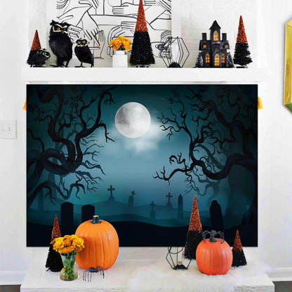 7 x 5 FT Halloween Backdrop - Large Dark Night with Moon, Tombstones Forest Design Wall Hanging Background Spooky Photography Photo Booth Props for Indoor Outdoor Garden Haunted Party Decorations