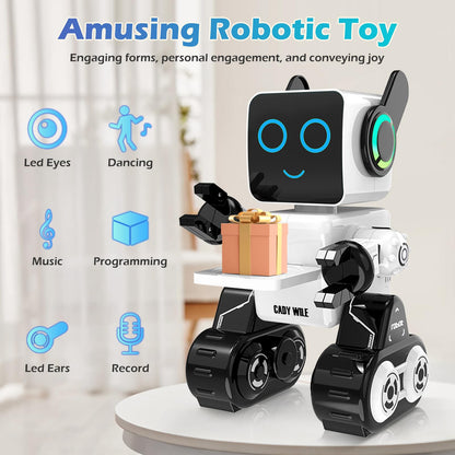 HBUDS Rechargeable RC Robot Toy for Kids - Interactive Intelligent LED Light, Speaks, Dances, Built-in Coin Bank (White)