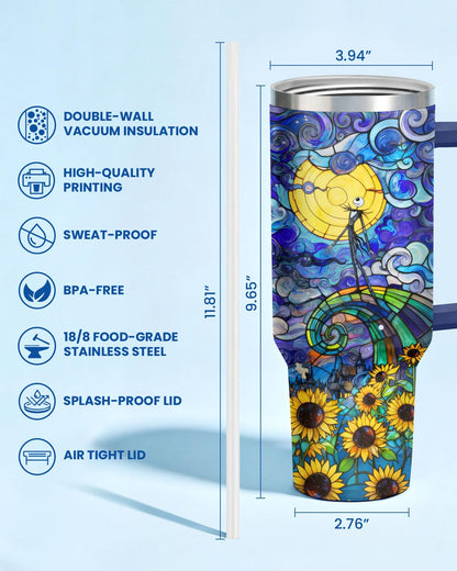 34HD Nightmare Skeleton Tumbler Starry Night Sunflower 40oz Tumbler Insulated Stainless Steel Gothic Art Coffee Cup Gifts for Movie Fans