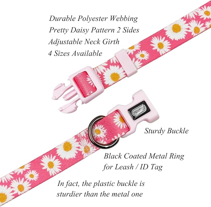 Dog Collar and Leash Set, Cute Pink Daisy Pattern, Polyester Material, 5ft Leash, for Medium Dogs.(Medium,Pink Daisy)