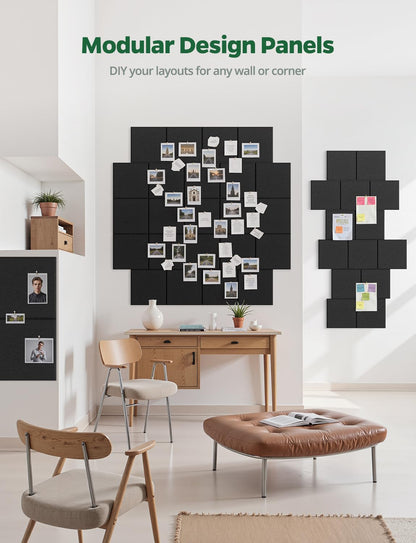 Large Bulletin Board 48" x 36", 12 Pack Blcak Cork Boards for Walls, Self-Adhesive Felt Pushpins Wall Tiles, Display for Messages, DIY Notice, Photo Decorations, Classroom, School, Office, Bedroom