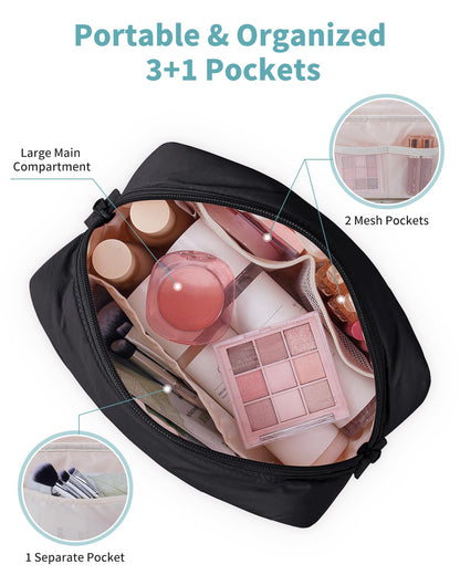 Narwey Puffer Makeup Bag for Women Girl, Quilted Travel Cosmetic Bag Puffy Make Up Bag Organizer, Cute Travel Toiletry Bag for Toiletries (Black)