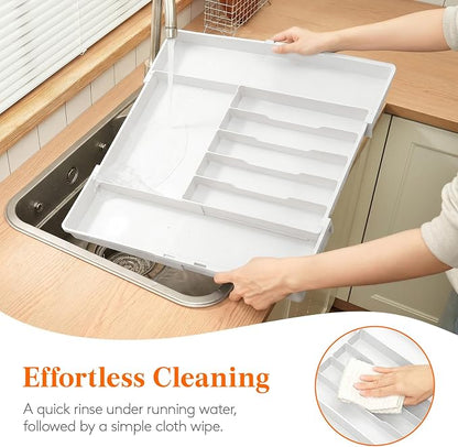 Lifewit Silverware Drawer Organizer, Expandable Utensil Tray for Kitchen, BPA Free Flatware and Cutlery Holder, Adjustable Plastic Storage for Spoons Forks Knives, 5-8 Slots, White
